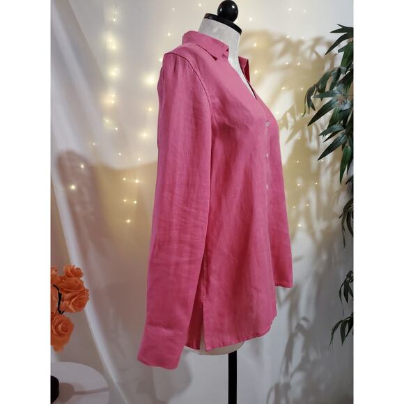 Talbots Pure Irish Linen V Neck Collared Button Up Shirt Womens Size 10P Pink - Picture 2 of 8